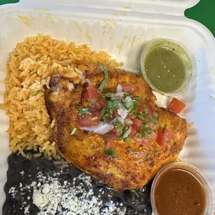 a meal in a styrofoam container