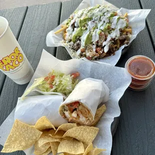 Shrimp burrito and loaded Pollo Asado Fries