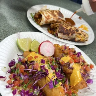 Fish tacos and Al pastor quesadilla