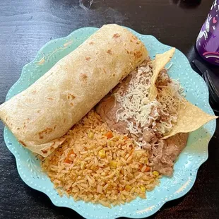 Breakfast burrito combo w rice and beans.