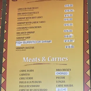Seafood menu