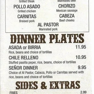 Menu - Dinner Plates, Sides and Extras