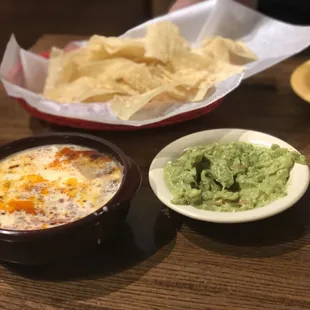 Chips and guacamole and omg chorizo cheese dip!