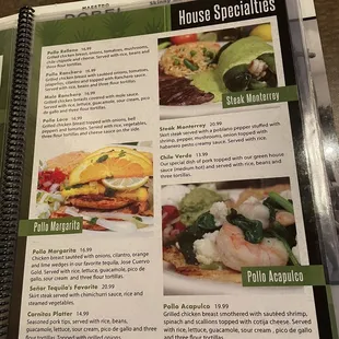 House specials menu, Senor Tequila Mexican restaurant, Westchase, Tampa