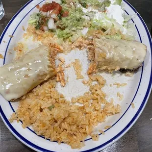 Chicken chimichanga. My mom and I always get a large queso and this and split it. The rice is so good with some queso on it.