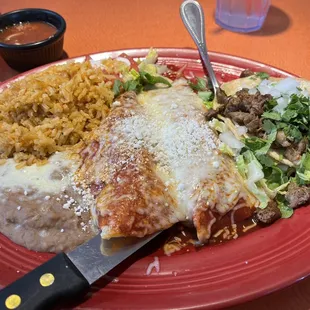 Combination Plate: Chicken Enchiladas and Carne Asada Taco