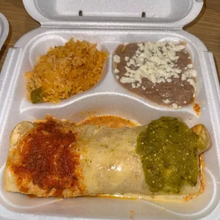 Chicken Chimichanga with rice and beans