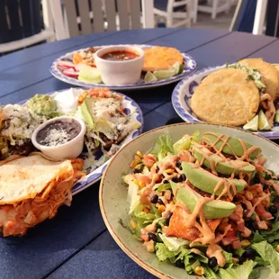 Gorditas, Our Salmon Southwest Salad and El Tulum Combination. Birria Mulitas in the back.