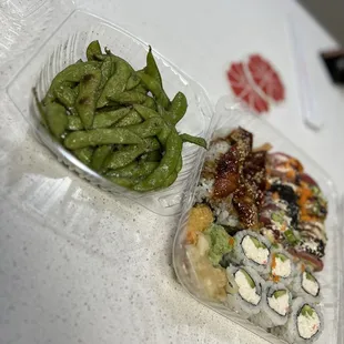 Garlic Edamame, Shelby Roll, Dragon Roll, and California Roll