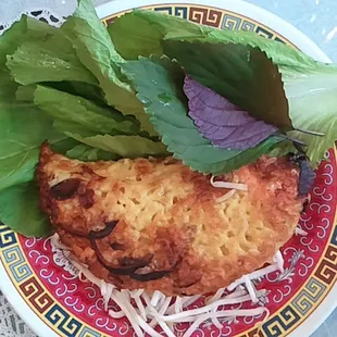 Banh Xeo - Dinner. Crunchy &amp; healthy with lots of greens &amp; herbs. Cooked at widow&apos;s home.
