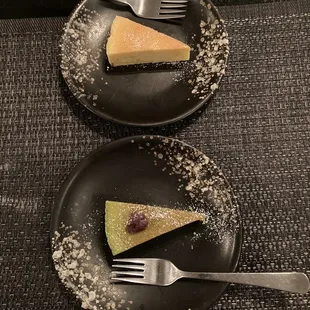 2023 summer RW dinner ($60) set - desserts: top is yuzu cheesecake and bottom is matcha. With EY were ok, a bit dry.