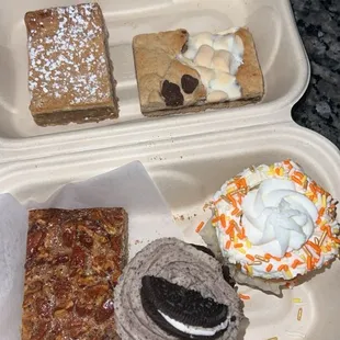 Crack bar, smores, pecan bar, cookies &amp; cream cupcake, vanilla cupcake