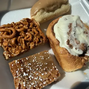 Maple bar, cinnamon roll, crack bar, caramel pretzel bar