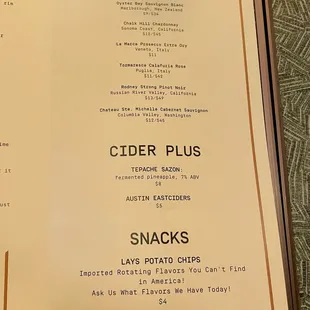 Menu page 3, wine, cider, &amp; snacks