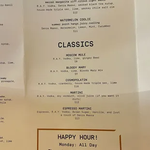 Menu page 2, frozens &amp; classics, plus the HH schedule