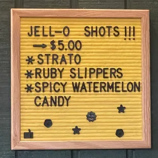 Jello shots menu