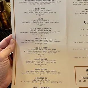 Menu page 1, specialty cocktails