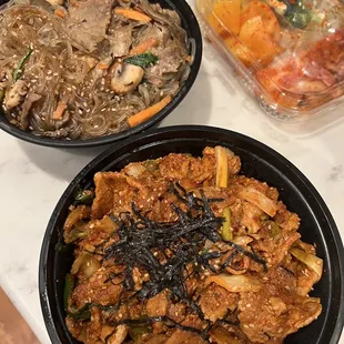 Japchae and kimchi fried rice