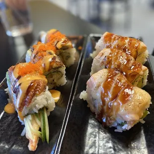 Dragon roll (left) and Baked Salmon roll (right)