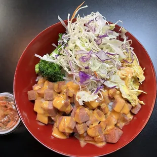 Name: Spam Cupbap  This dish comes with miso soup and kimchi on the side. The mayo is not spicy.