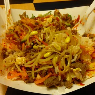 Bibimbap after adding the gochujang and mixing it up.