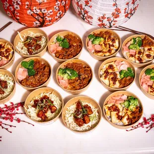 Party spread of fried chicken, pork bulgogi and tofu