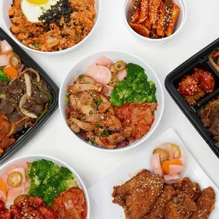 soy garlic chicken bowl, double protein beef and spicy chicken, KFC bowl, wings, kimchi fried rice