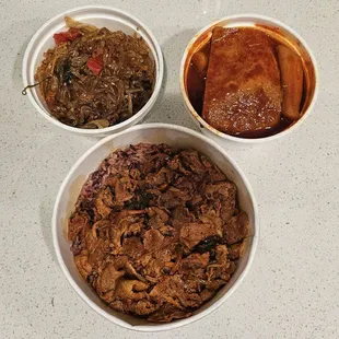 Spicy Pork Bowl, Japchae &amp; Tteokbokki