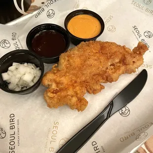 Bucket O' Tenders - Four jumbo tenders, asian slaw, pickled radish, 2 sauces. - tenders are massive