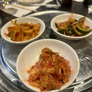 kimchi, fish cakes, cucumber salad