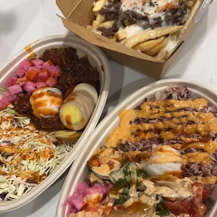 Bulgogi Beef Bowl, Spicy Pork Bowl, Large Bulgogi Kimchi Cheese Fries!