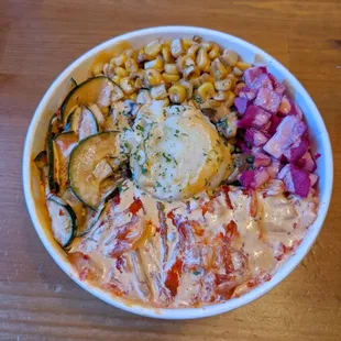 Bulgolgi Bowl w/ toppings: Kimchi Cucumber, Korean Kimchi, Sweet Corn, Pickled Radish, Smashed Potato Salad