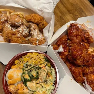 Korean Spicy Pork Bowl, Sweet &amp; Spicy Fried Chicken, honey butter fried chicken