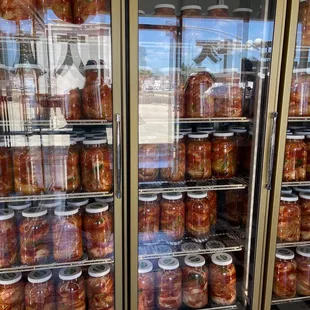 a refrigerator full of kimchi