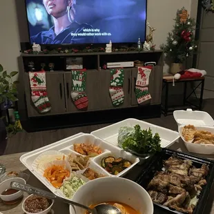 Kimchi soup, pork belly for 2, mandu Fried Dumplings and banchan