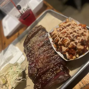 Soy Pork Spare Ribs and Kimchi Fries and Fat Brisket Bulgogi Taco