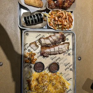 The Baf Wings, Tuna Kimbap, Fire Chicken, Crispy Pork Belly, Fire Chicken, Kimchi Fries, Spring Roll