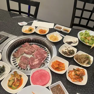 Marinated ribeye and galbi on the grill