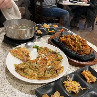 Seafood pancake, pork stir fry, short rib soup