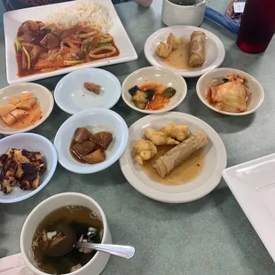 Main squid dish, miso soup, and kimchi!