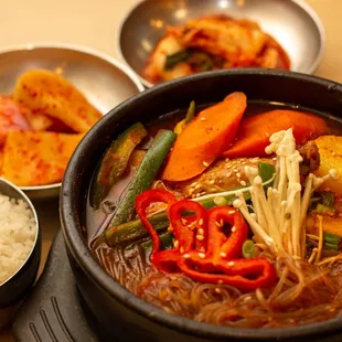 Spicy chicken stew with kimchi and rice.