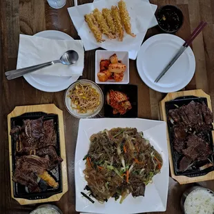 Kalbi, kimchi, shrimp tempura, and Japchae!