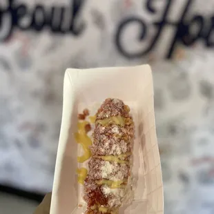 All mozzarella #3 with hot cheeto crust. Sprinkled with honey butter powder &amp; with honey mustard