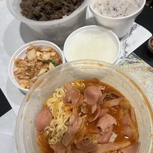 Bulgogi Entree - slightly overcooked but good flavor &amp; portion. Army Stew - - Budae Jjigae spicy &amp; lots of spam/sausage!