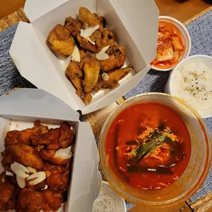 Spicy Wings, Soy Garlic Wings, and Yuk Gae Jang