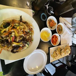 Japchae and fried veggie appetizer