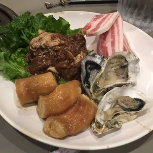 Bulgogi, pork belly, oysters and large intestine