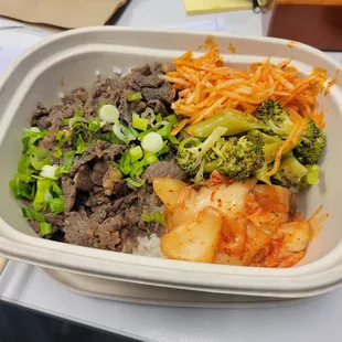 Bolgogi Bowl with kimchi, radish, and brocoli. Delicious!