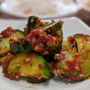 a closeup of a plate of zucchini