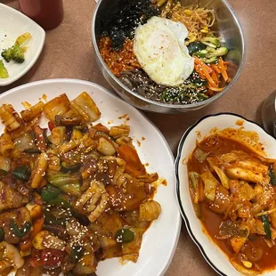 Tteokbokki, Spicy squid and pork, Bibimbap
